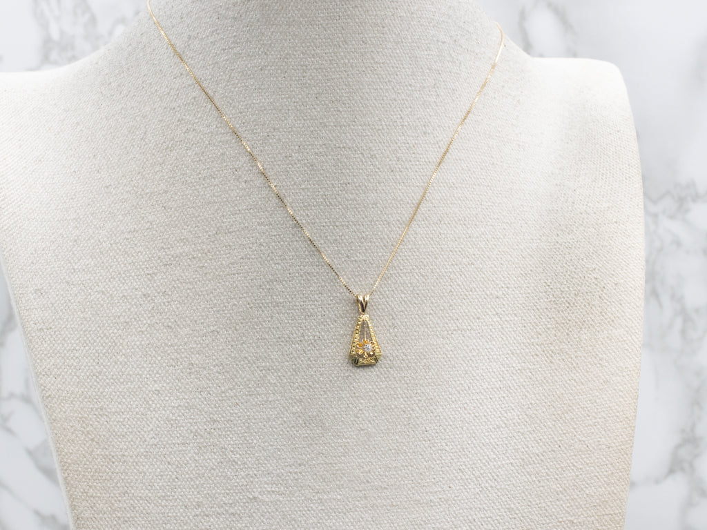 Engraved Gold Buttercup Set Old Mine Cut Diamond Pendant