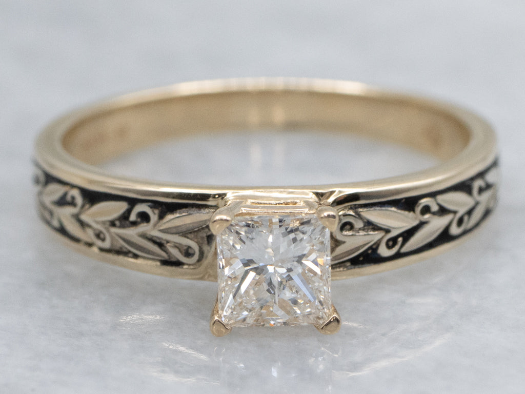 Black Enamel Botanical Diamond Engagement Ring