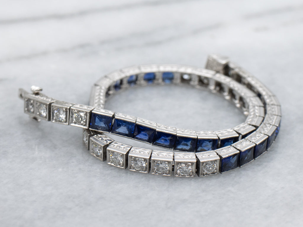 Antique 1920s Platinum Diamond and Synthetic Sapphire Link Bracelet