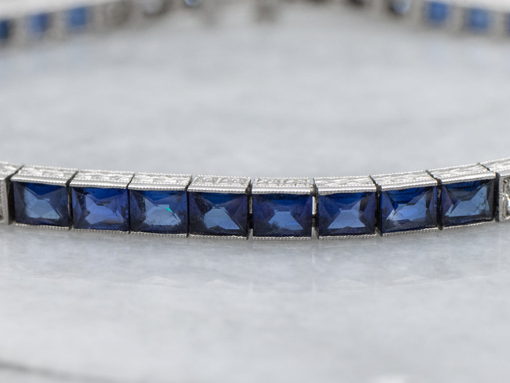 Antique 1920s Platinum Diamond and Synthetic Sapphire Link Bracelet
