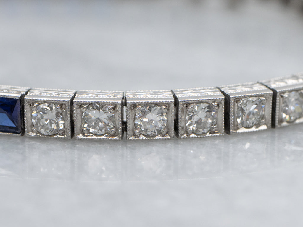 Antique 1920s Platinum Diamond and Synthetic Sapphire Link Bracelet