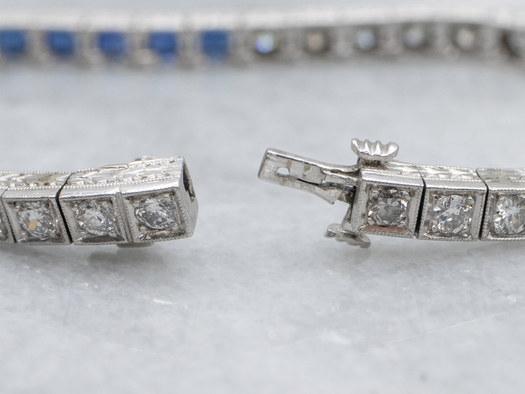 Antique 1920s Platinum Diamond and Synthetic Sapphire Link Bracelet