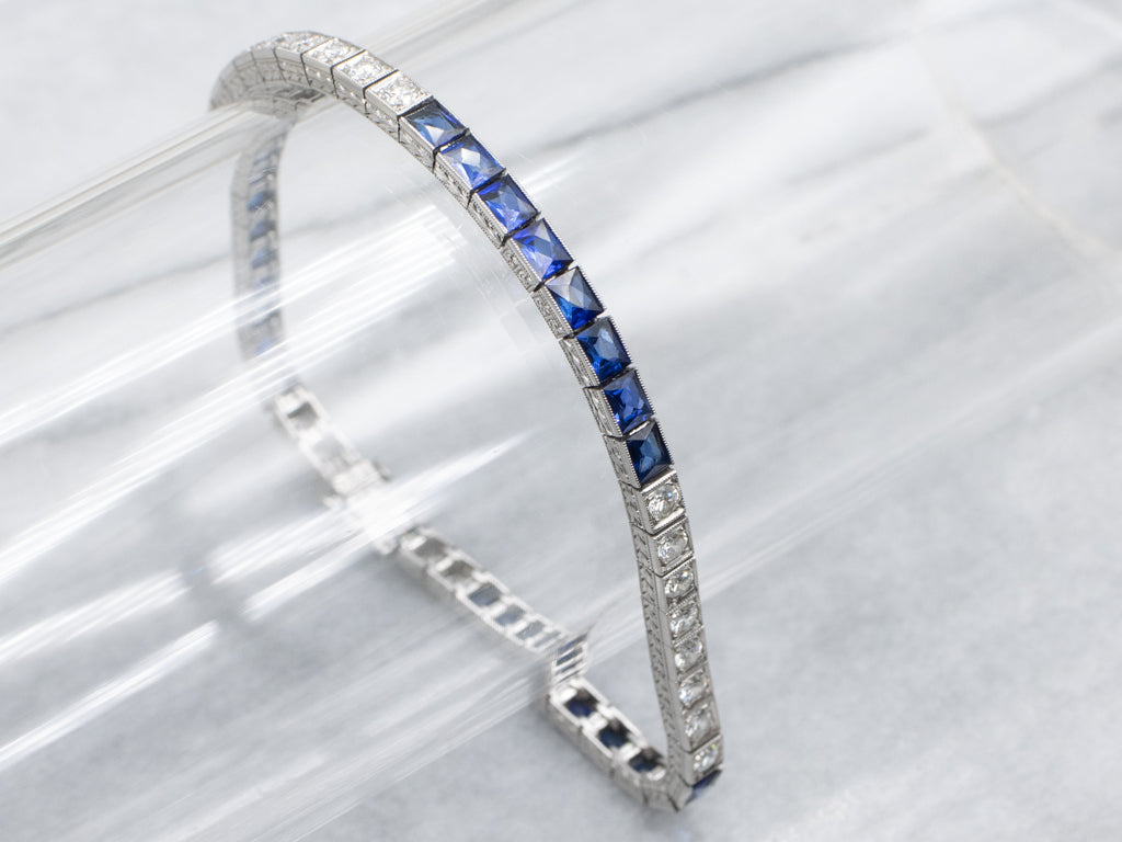 Antique 1920s Platinum Diamond and Synthetic Sapphire Link Bracelet