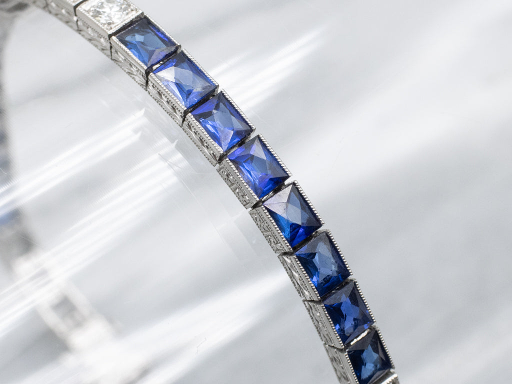Antique 1920s Platinum Diamond and Synthetic Sapphire Link Bracelet