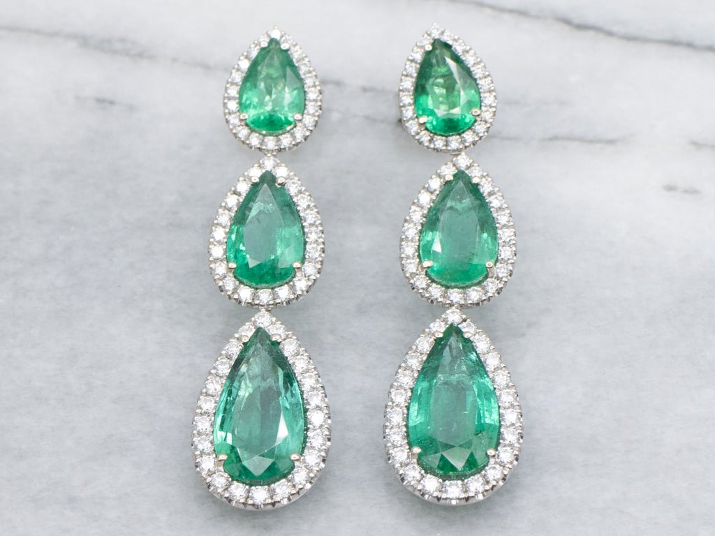 Stunning Emerald and Diamond Triple Teardrop Statement Earrings in 18-Karat White Gold