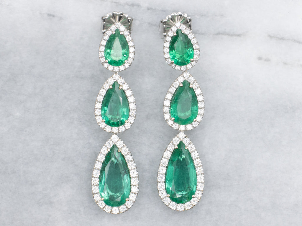 Stunning Emerald and Diamond Triple Teardrop Statement Earrings in 18-Karat White Gold