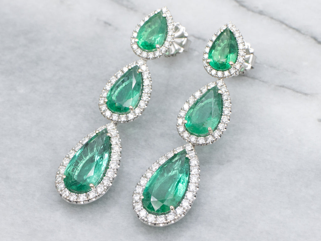 Stunning Emerald and Diamond Triple Teardrop Statement Earrings in 18-Karat White Gold