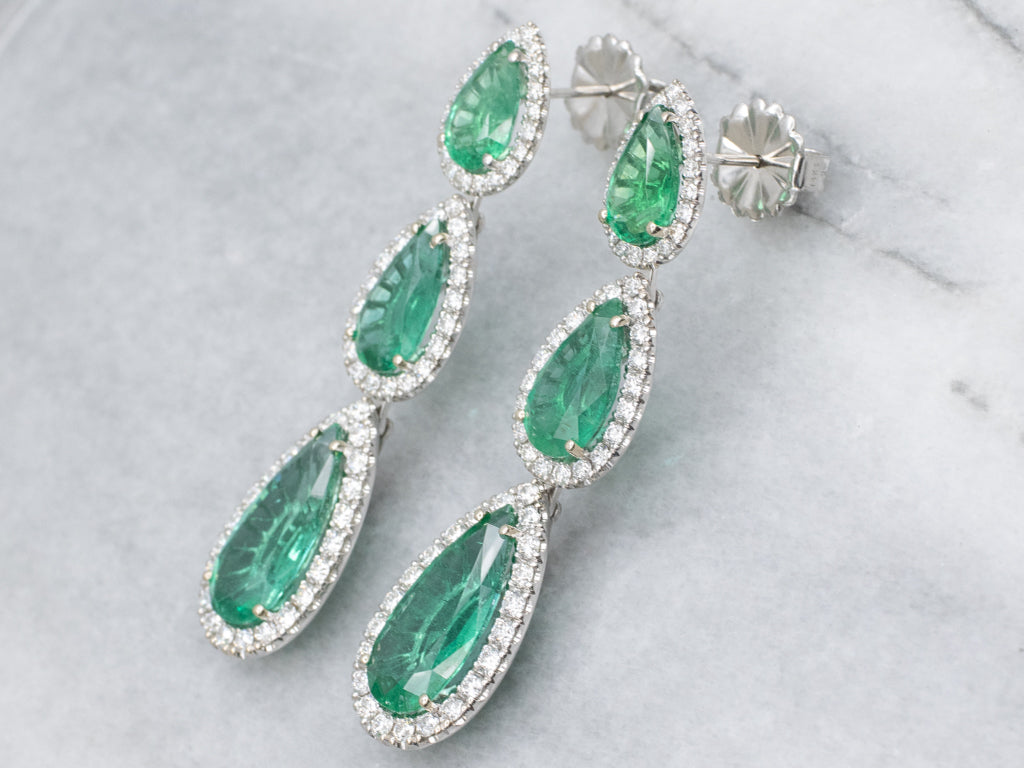 Stunning Emerald and Diamond Triple Teardrop Statement Earrings in 18-Karat White Gold