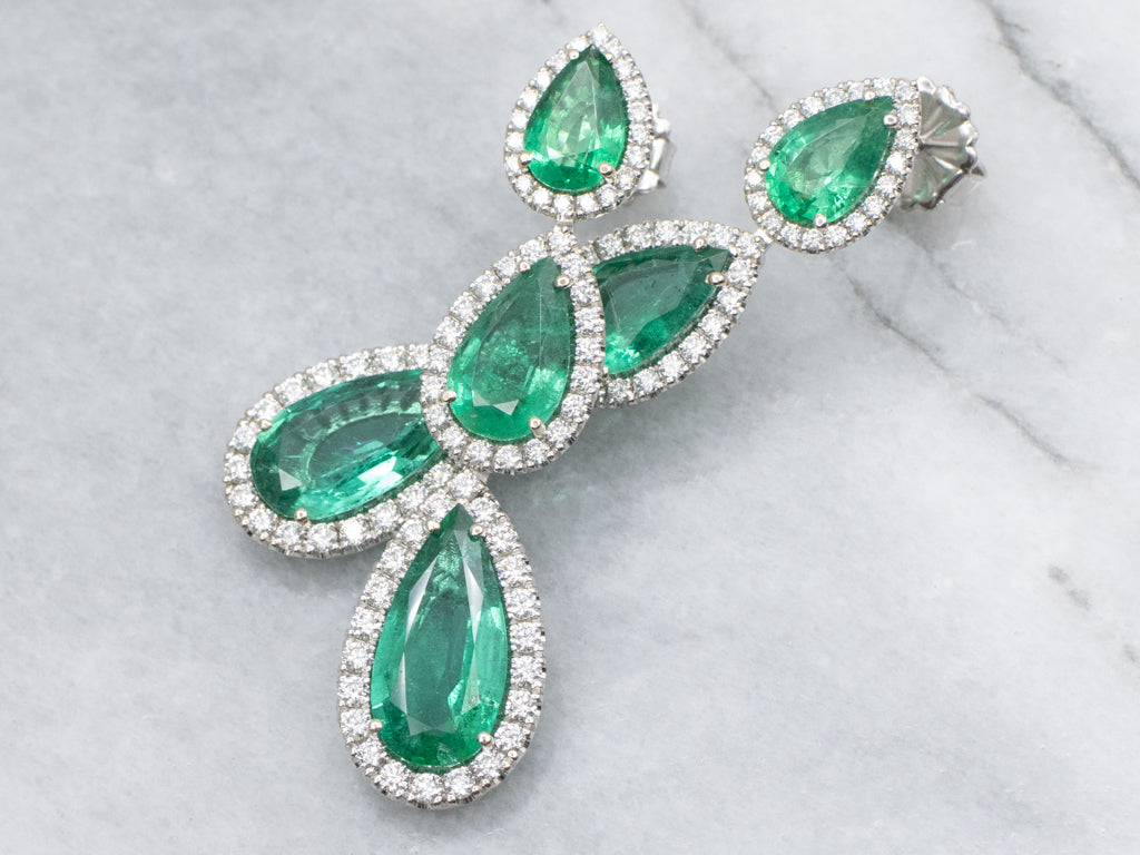 Stunning Emerald and Diamond Triple Teardrop Statement Earrings in 18-Karat White Gold
