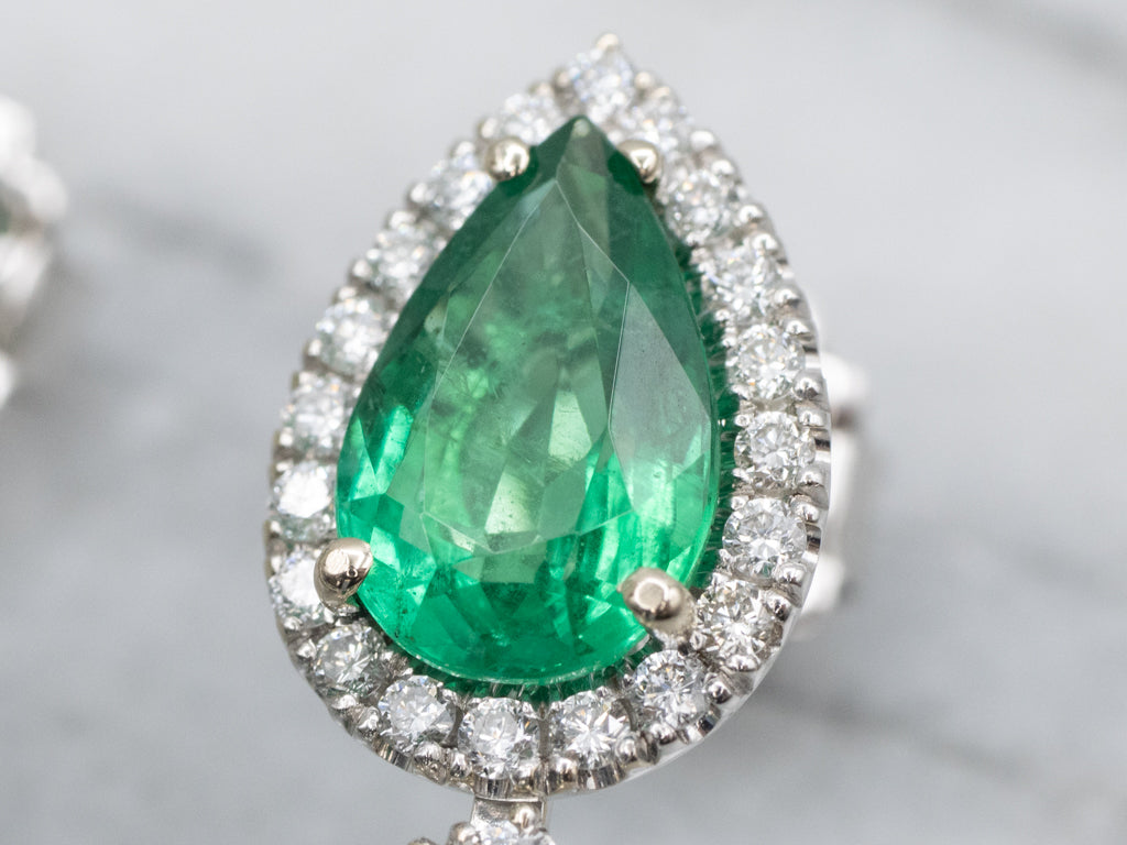 Stunning Emerald and Diamond Triple Teardrop Statement Earrings in 18-Karat White Gold