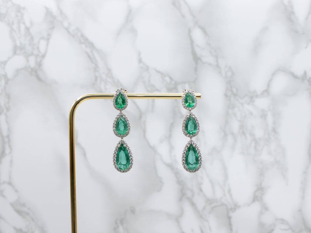 Stunning Emerald and Diamond Triple Teardrop Statement Earrings in 18-Karat White Gold