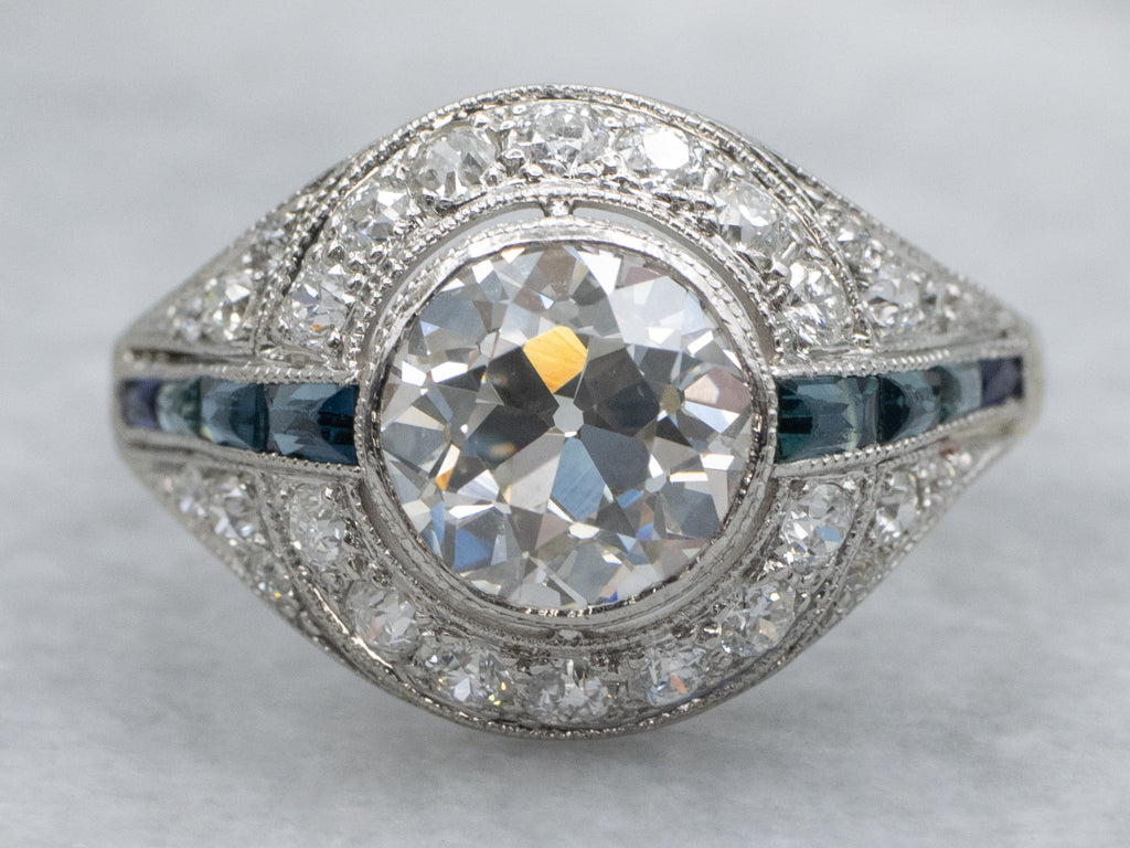 Platinum European Cut Diamond Art Deco Era Ring with Synthetic Sapphires