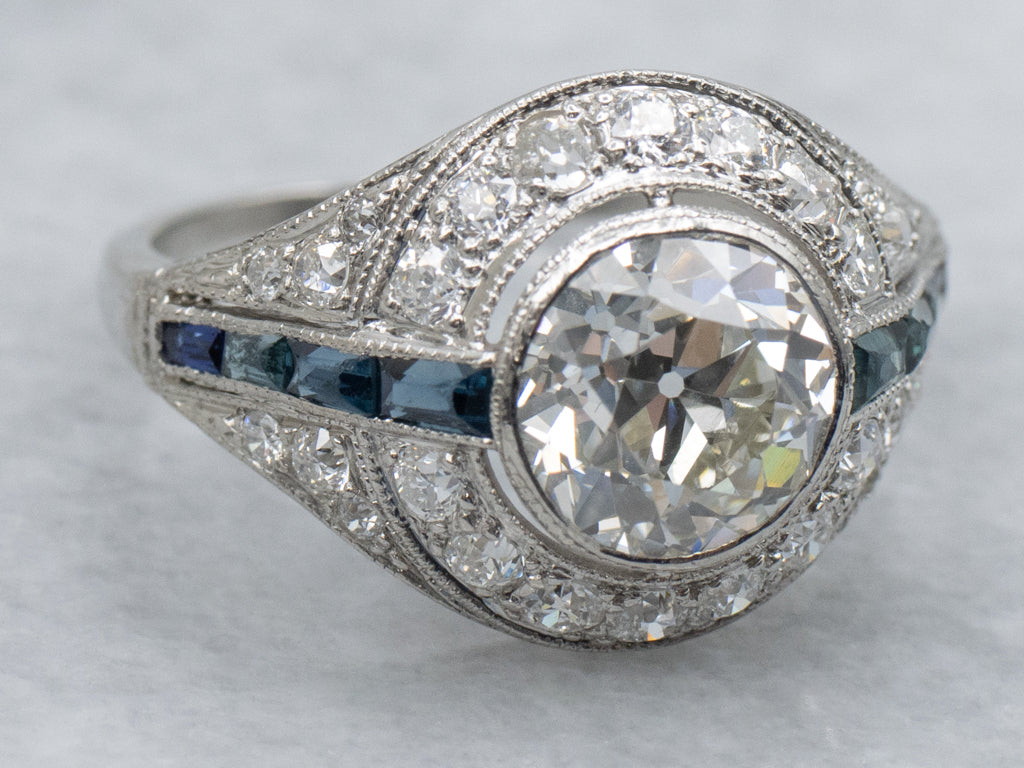 Platinum European Cut Diamond Art Deco Era Ring with Synthetic Sapphires