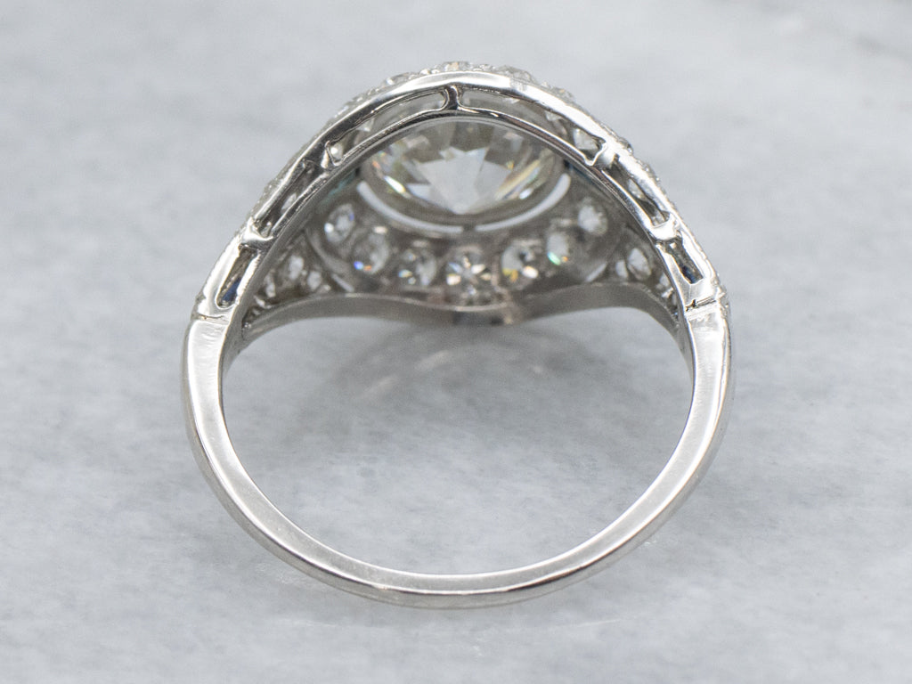 Platinum European Cut Diamond Art Deco Era Ring with Synthetic Sapphires