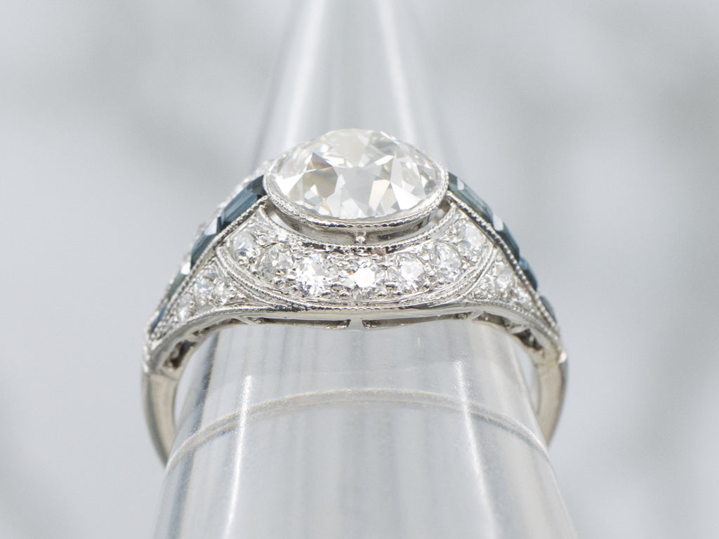 Platinum European Cut Diamond Art Deco Era Ring with Synthetic Sapphires