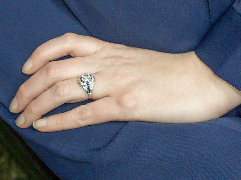 Platinum European Cut Diamond Art Deco Era Ring with Synthetic Sapphires