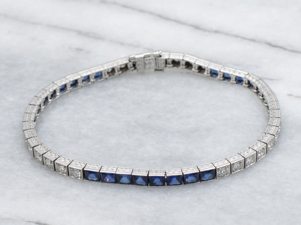 Antique 1920s Platinum Diamond and Synthetic Sapphire Link Bracelet