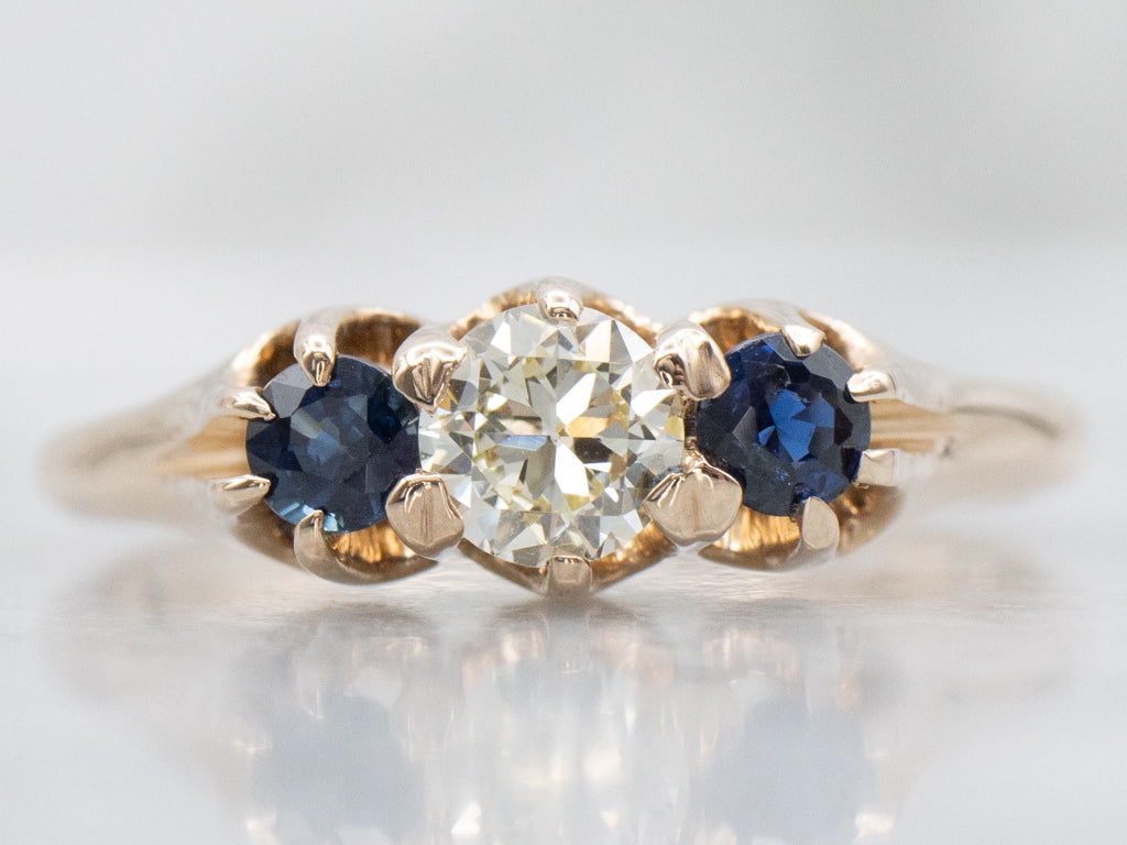 Three Stone Diamond and Sapphire Engagement Ring