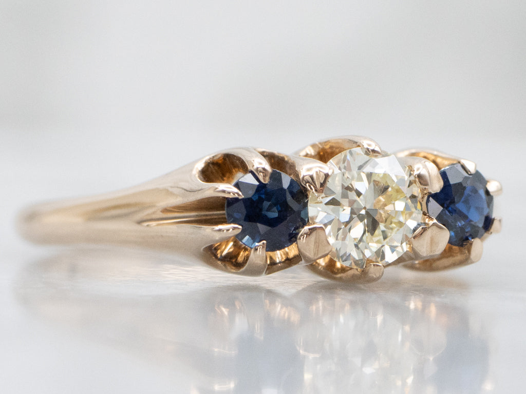Three Stone Diamond and Sapphire Engagement Ring