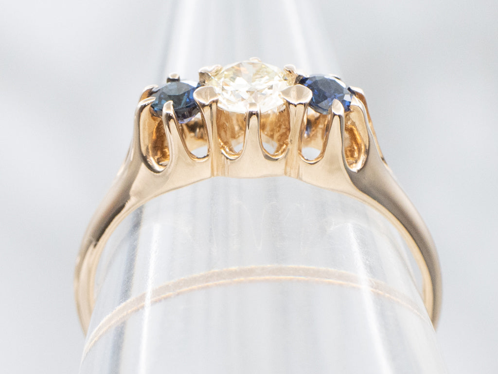 Three Stone Diamond and Sapphire Engagement Ring