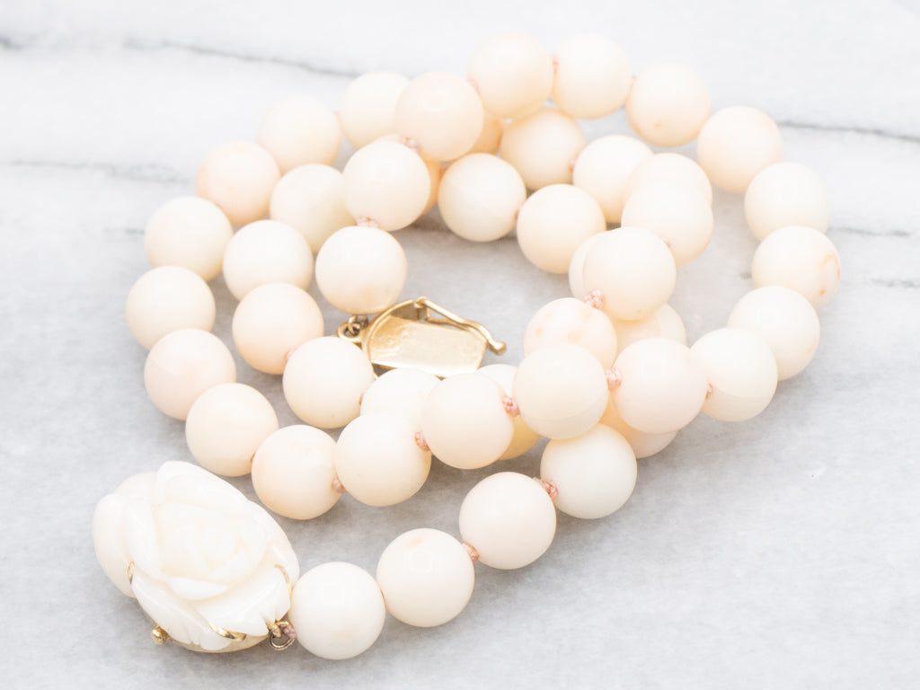Vintage Angle Skin Coral Beaded Strand Necklace with Carved Floral Clasp