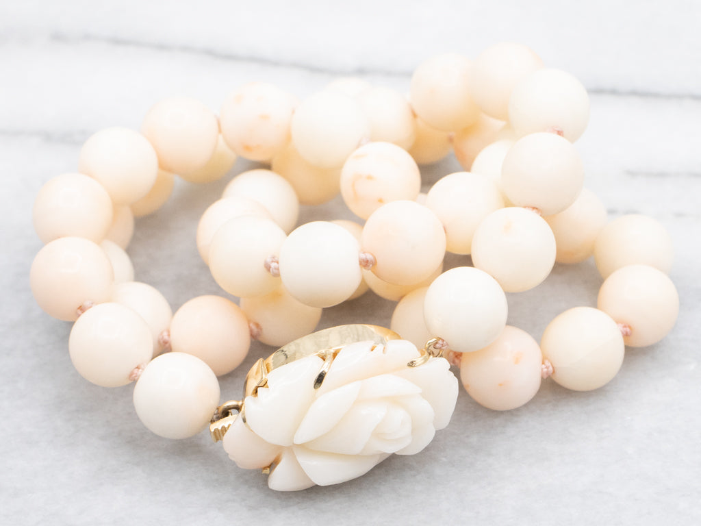 Vintage Angle Skin Coral Beaded Strand Necklace with Carved Floral Clasp