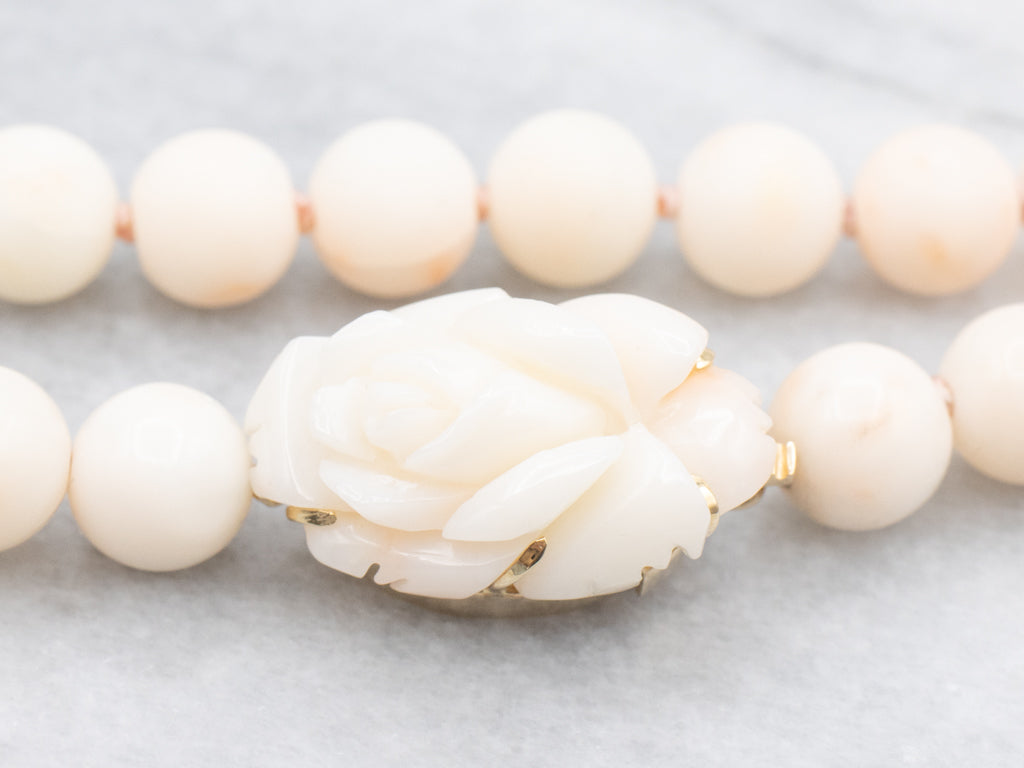 Vintage Angle Skin Coral Beaded Strand Necklace with Carved Floral Clasp