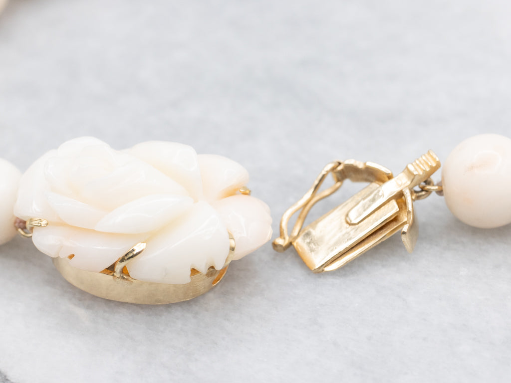 Vintage Angle Skin Coral Beaded Strand Necklace with Carved Floral Clasp