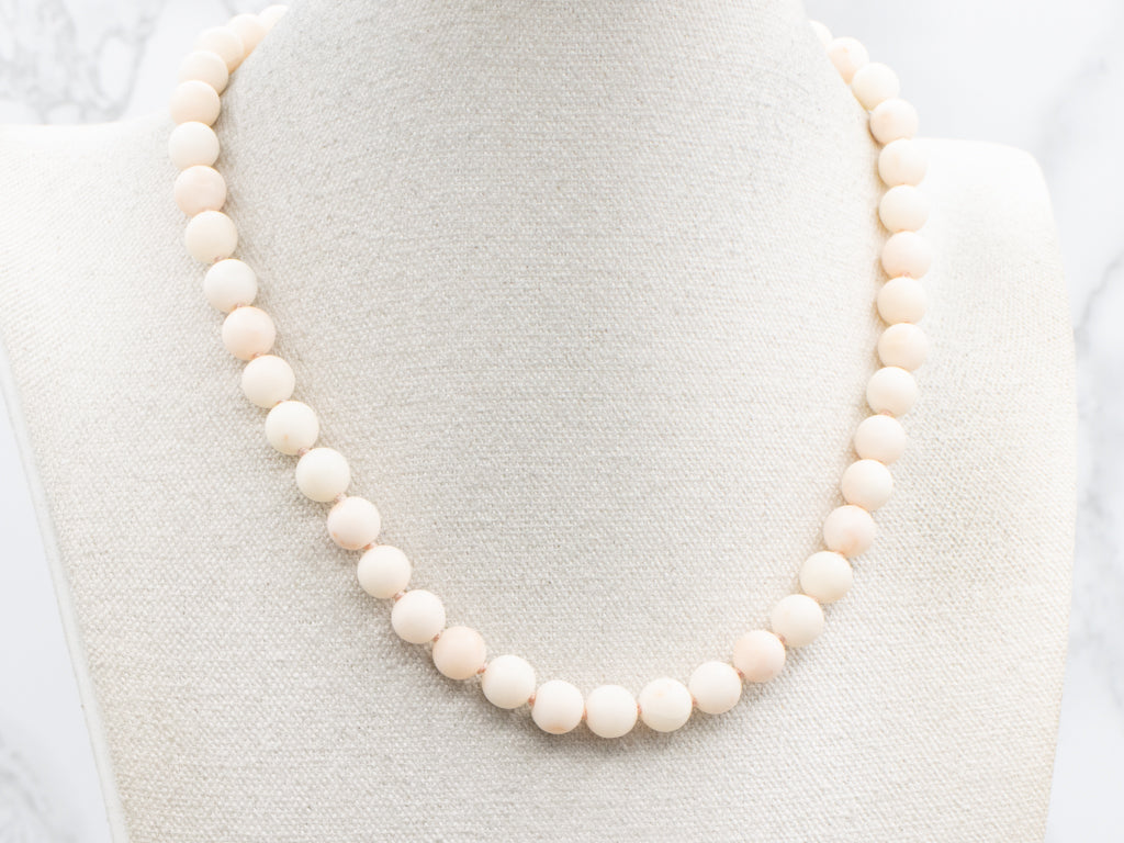 Vintage Angle Skin Coral Beaded Strand Necklace with Carved Floral Clasp