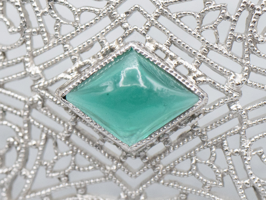 Art Deco Era Diamond and Emerald Doublet Floral Filigree Panel Link Bracelet