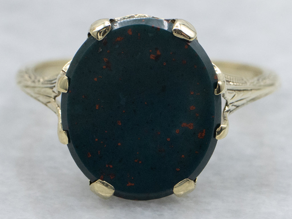 Art Nouveau Era Hand-Engraved Green Gold Bloodstone Ring