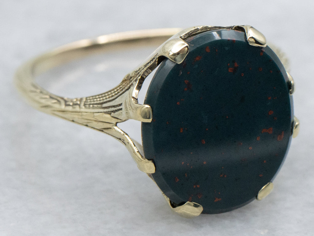 Art Nouveau Era Hand-Engraved Green Gold Bloodstone Ring