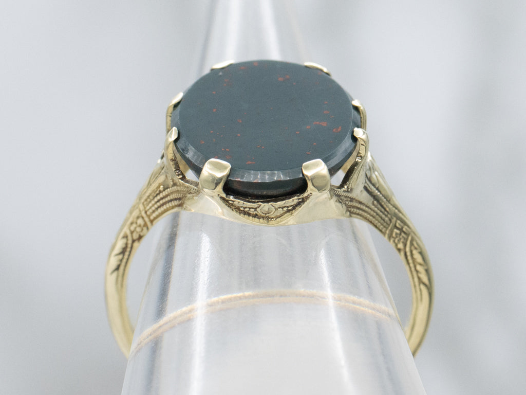 Art Nouveau Era Hand-Engraved Green Gold Bloodstone Ring