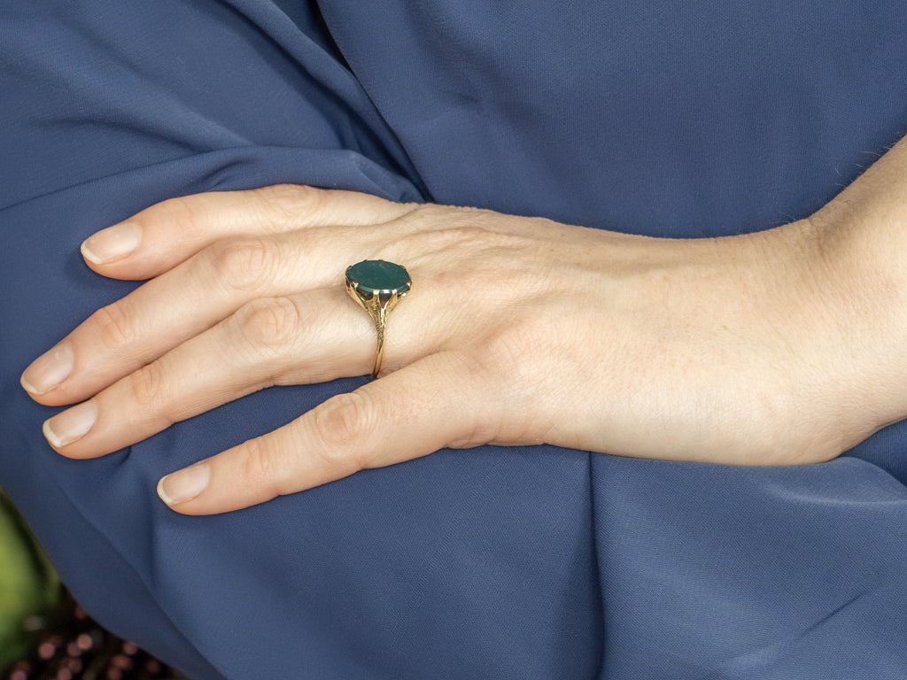Art Nouveau Era Hand-Engraved Green Gold Bloodstone Ring