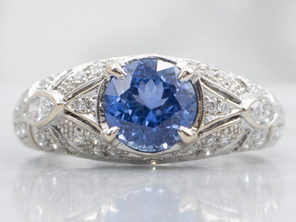 Vintage Sapphire and Diamond White Gold Filigree Ring