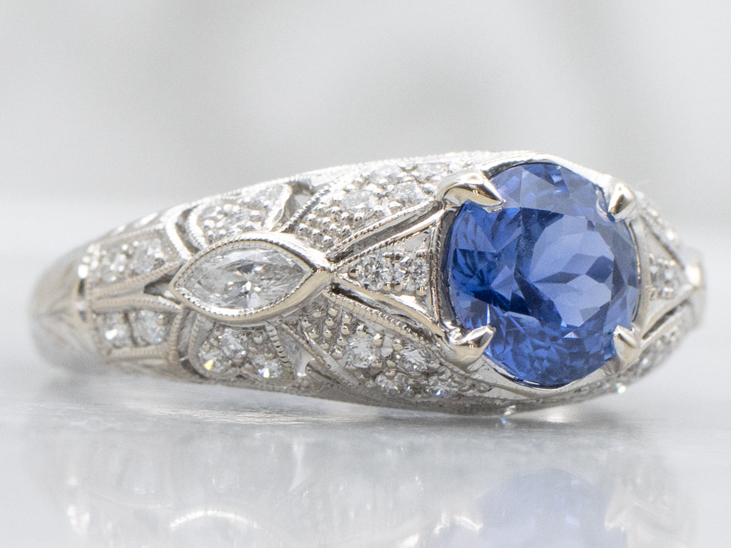Vintage Sapphire and Diamond White Gold Filigree Ring