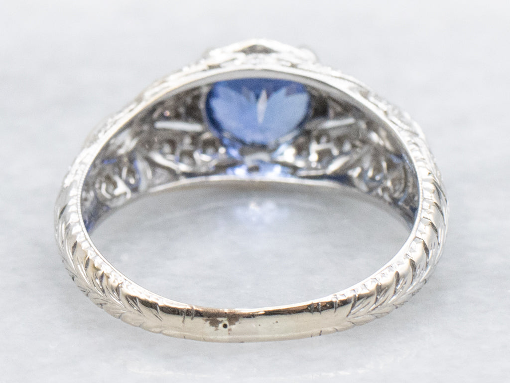 Vintage Sapphire and Diamond White Gold Filigree Ring