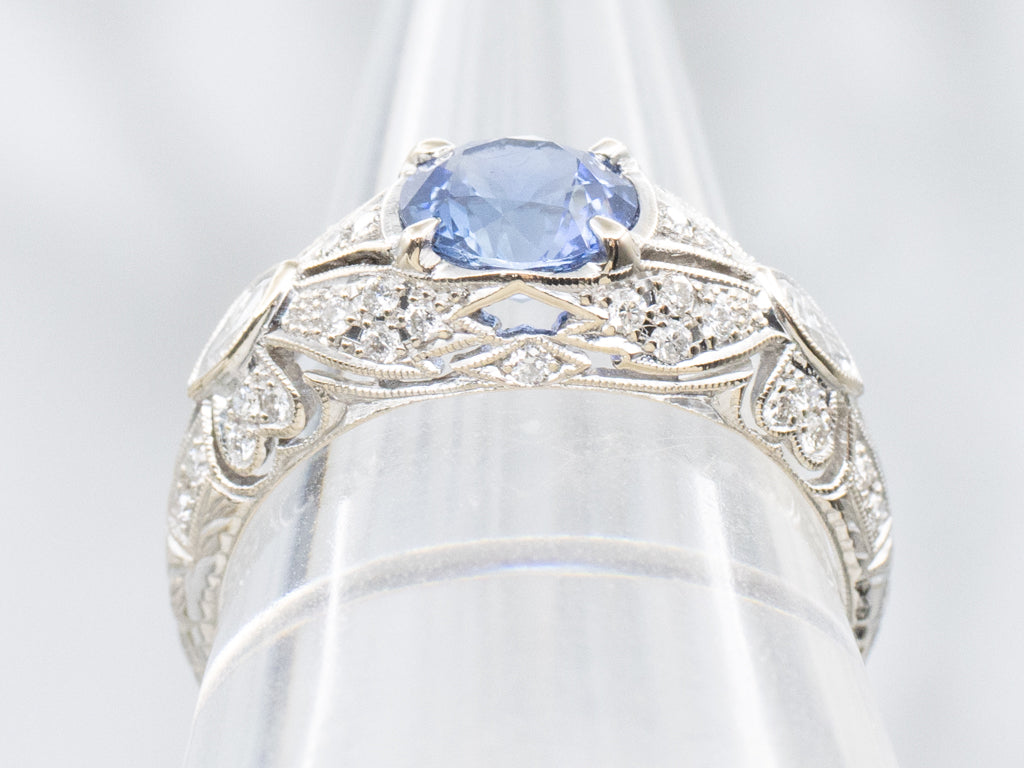 Vintage Sapphire and Diamond White Gold Filigree Ring