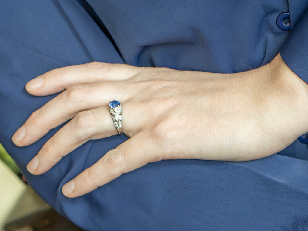 Vintage Sapphire and Diamond White Gold Filigree Ring