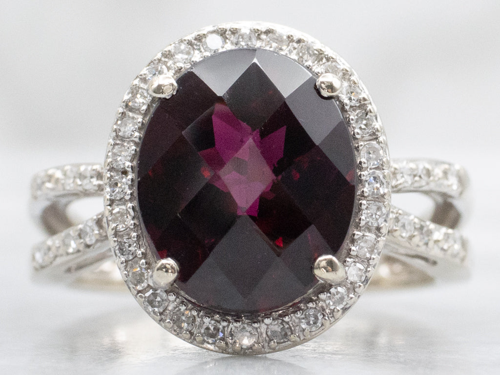 Garnet and Diamond Modern Gold Halo Ring