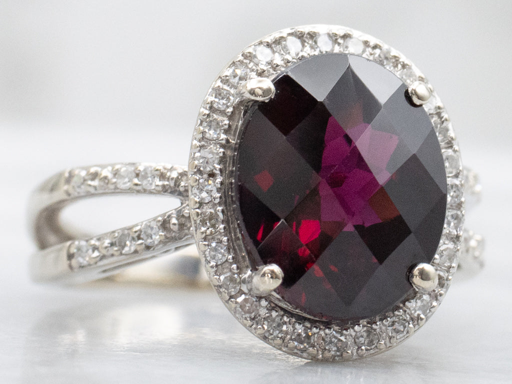 Garnet and Diamond Modern Gold Halo Ring