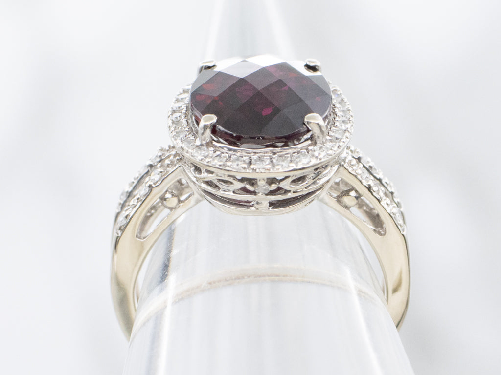 Garnet and Diamond Modern Gold Halo Ring