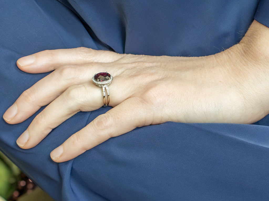 Garnet and Diamond Modern Gold Halo Ring