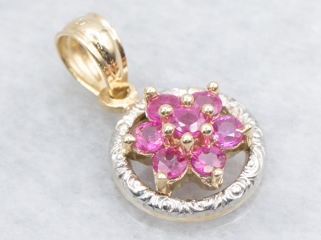 Flower Ruby Cluster Pendant with Engraved Border