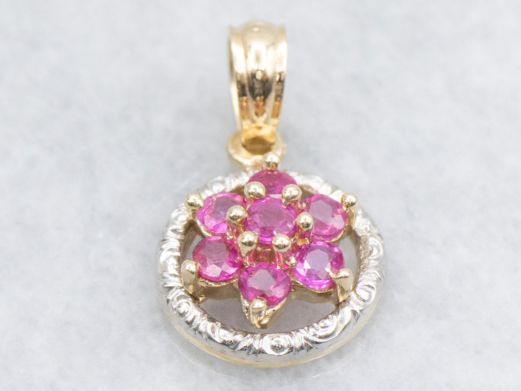 Flower Ruby Cluster Pendant with Engraved Border