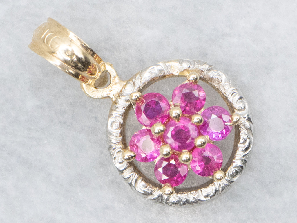 Flower Ruby Cluster Pendant with Engraved Border
