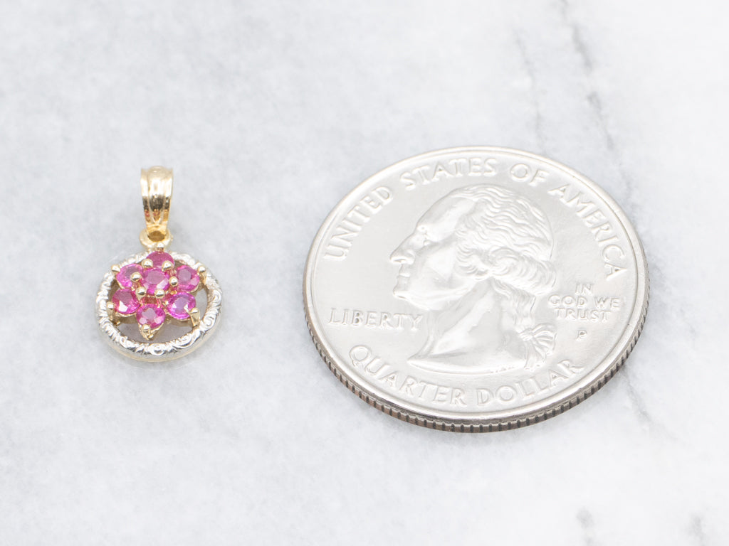 Flower Ruby Cluster Pendant with Engraved Border