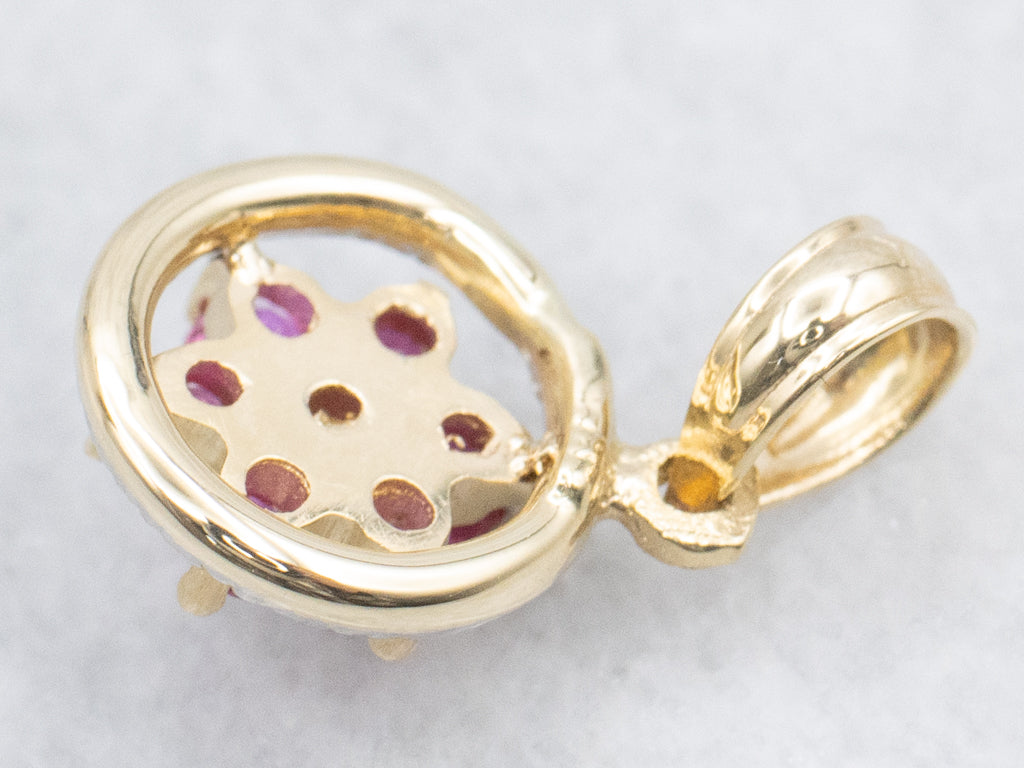 Flower Ruby Cluster Pendant with Engraved Border