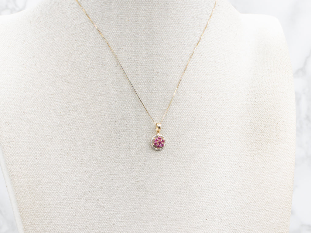 Flower Ruby Cluster Pendant with Engraved Border