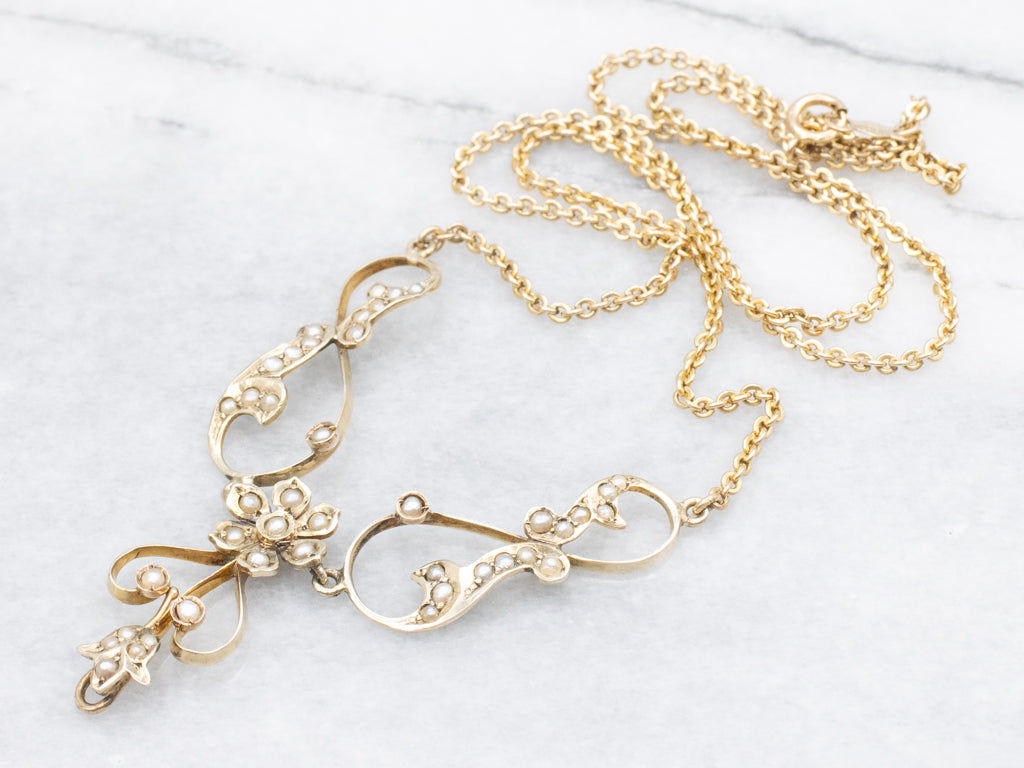 Antique Floral Seed Pearl Gold Belle Époque Necklace